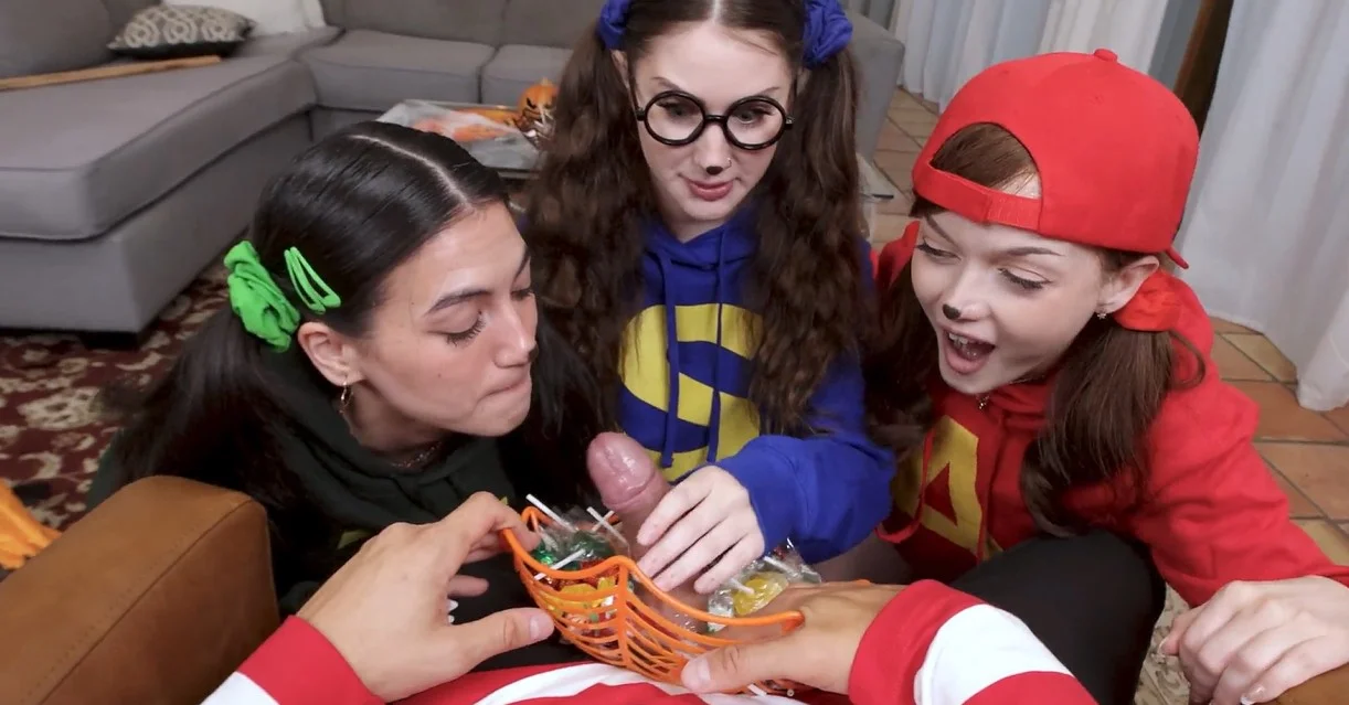 BFFs - Megan Mistakes, Bella Blu & Jade Valentine - Trick or Treat! We'll Eat Your Cock Straight From the Candy Bowl